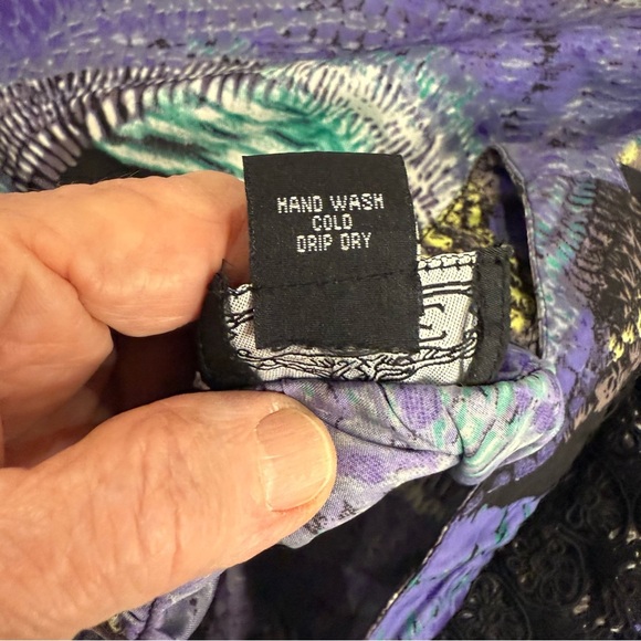 Angie One Shoulder Top Purple Abstract Print Black Fringe Women’s Size Small - Picture 11 of 11